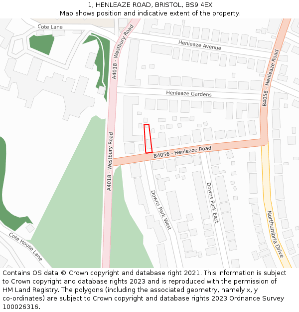 1, HENLEAZE ROAD, BRISTOL, BS9 4EX: Location map and indicative extent of plot