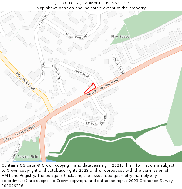 1, HEOL BECA, CARMARTHEN, SA31 3LS: Location map and indicative extent of plot