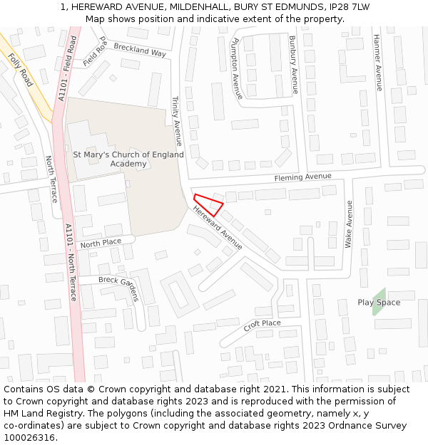 1, HEREWARD AVENUE, MILDENHALL, BURY ST EDMUNDS, IP28 7LW: Location map and indicative extent of plot