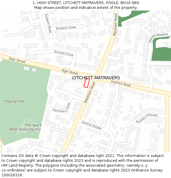 1, HIGH STREET, LYTCHETT MATRAVERS, POOLE, BH16 6BG: Location map and indicative extent of plot