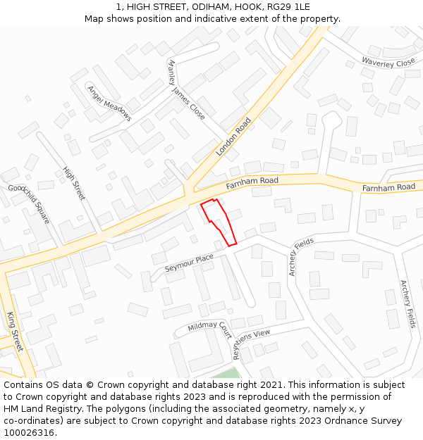 1, HIGH STREET, ODIHAM, HOOK, RG29 1LE: Location map and indicative extent of plot
