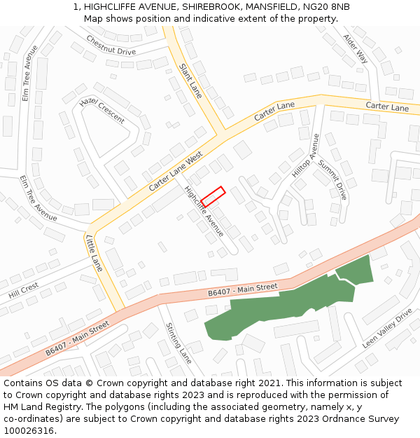1, HIGHCLIFFE AVENUE, SHIREBROOK, MANSFIELD, NG20 8NB: Location map and indicative extent of plot
