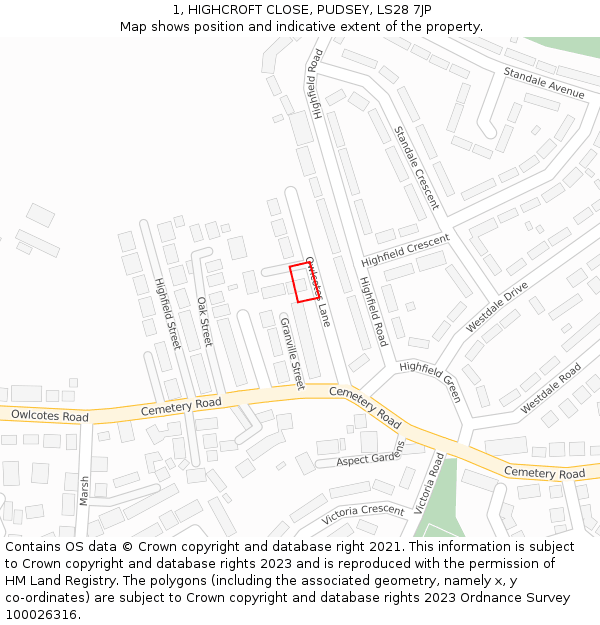 1, HIGHCROFT CLOSE, PUDSEY, LS28 7JP: Location map and indicative extent of plot