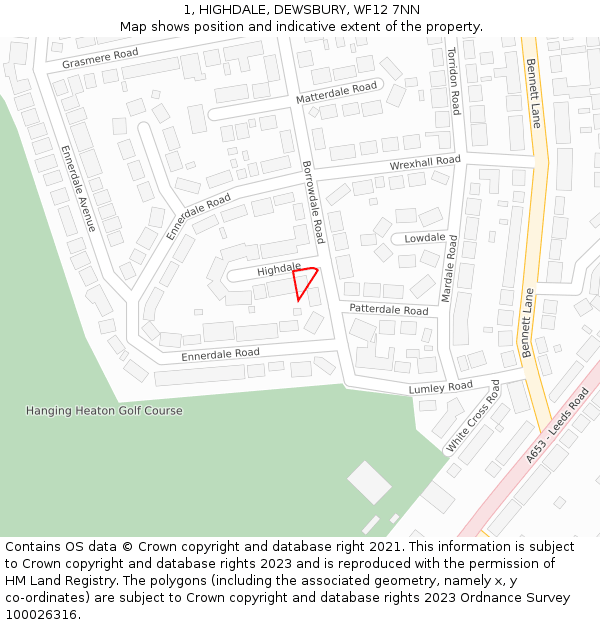 1, HIGHDALE, DEWSBURY, WF12 7NN: Location map and indicative extent of plot