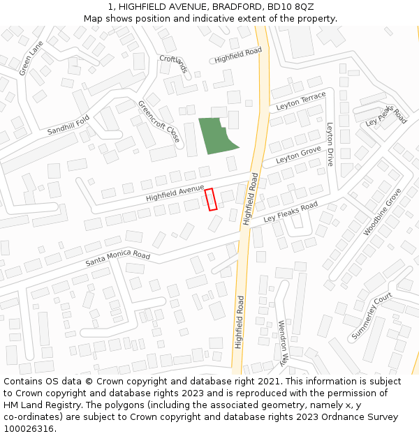 1, HIGHFIELD AVENUE, BRADFORD, BD10 8QZ: Location map and indicative extent of plot