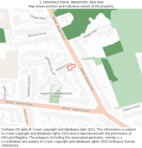 1, HIGHFIELD DRIVE, BRADFORD, BD9 6HN: Location map and indicative extent of plot
