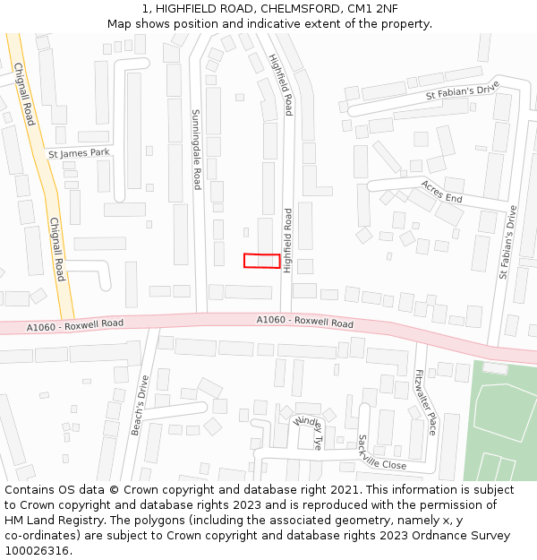 1, HIGHFIELD ROAD, CHELMSFORD, CM1 2NF: Location map and indicative extent of plot