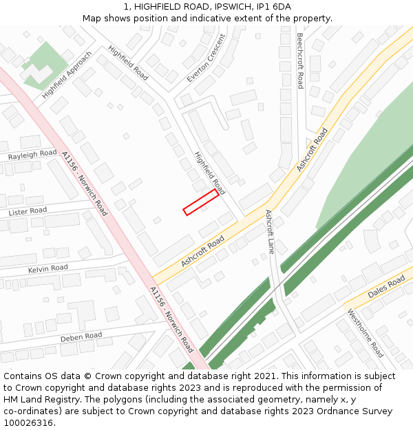 1, HIGHFIELD ROAD, IPSWICH, IP1 6DA: Location map and indicative extent of plot