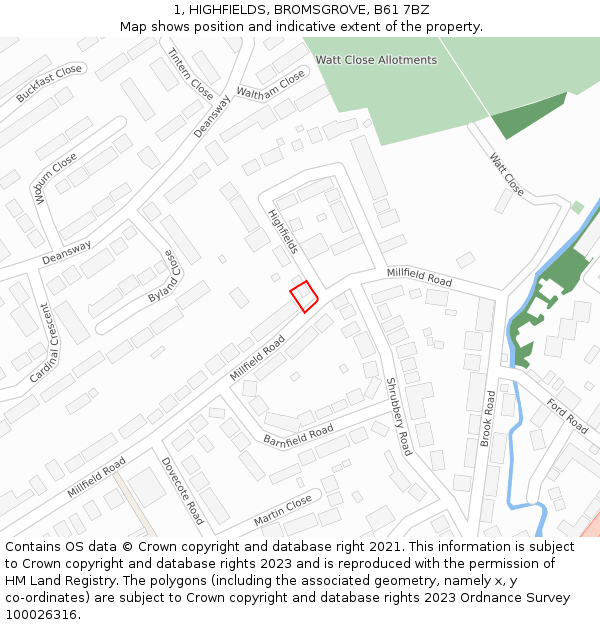 1, HIGHFIELDS, BROMSGROVE, B61 7BZ: Location map and indicative extent of plot
