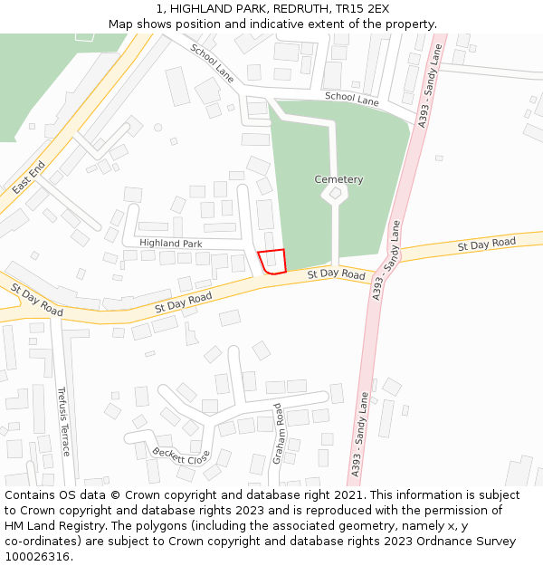 1, HIGHLAND PARK, REDRUTH, TR15 2EX: Location map and indicative extent of plot