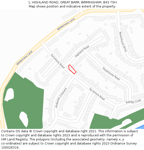 1, HIGHLAND ROAD, GREAT BARR, BIRMINGHAM, B43 7SH: Location map and indicative extent of plot