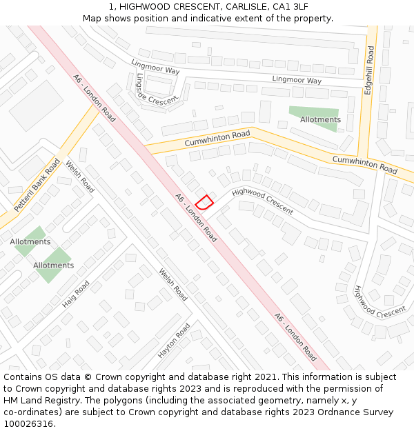 1, HIGHWOOD CRESCENT, CARLISLE, CA1 3LF: Location map and indicative extent of plot