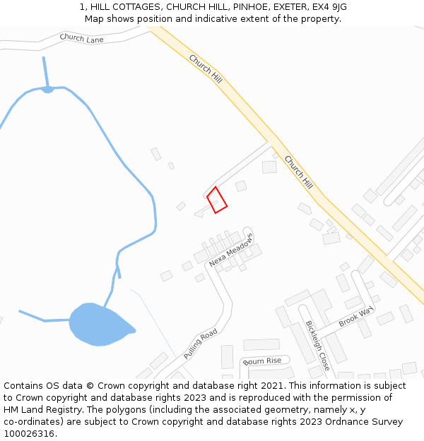 1, HILL COTTAGES, CHURCH HILL, PINHOE, EXETER, EX4 9JG: Location map and indicative extent of plot