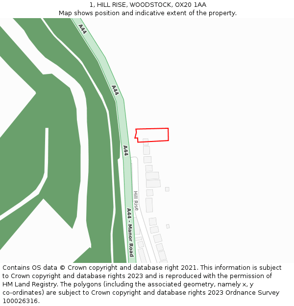 1, HILL RISE, WOODSTOCK, OX20 1AA: Location map and indicative extent of plot