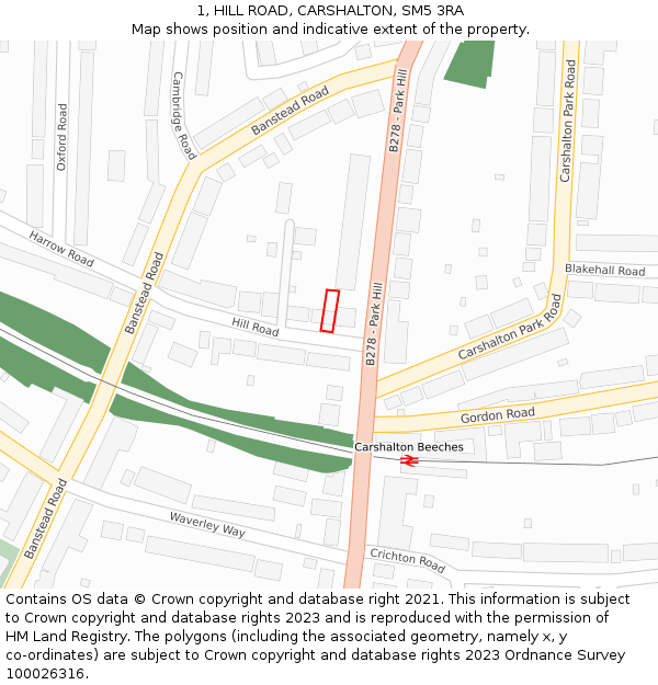 1, HILL ROAD, CARSHALTON, SM5 3RA: Location map and indicative extent of plot