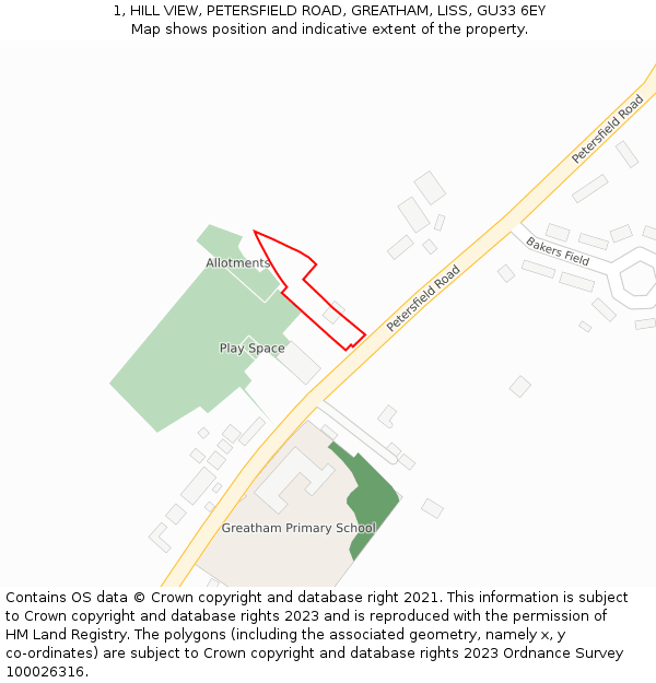 1, HILL VIEW, PETERSFIELD ROAD, GREATHAM, LISS, GU33 6EY: Location map and indicative extent of plot