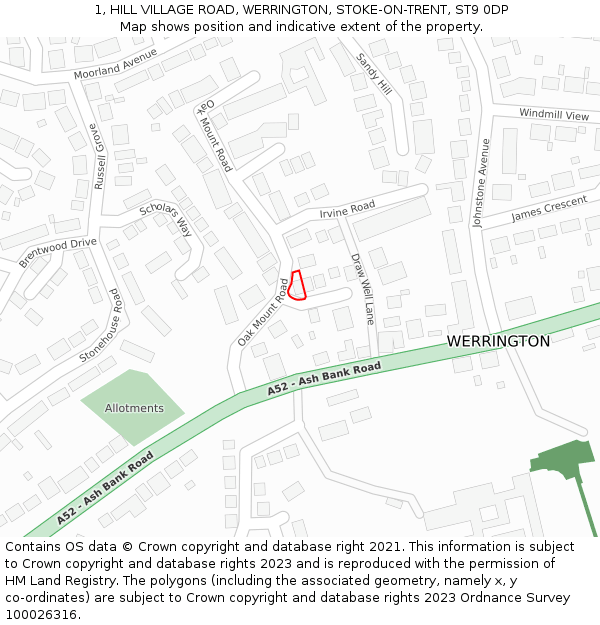 1, HILL VILLAGE ROAD, WERRINGTON, STOKE-ON-TRENT, ST9 0DP: Location map and indicative extent of plot
