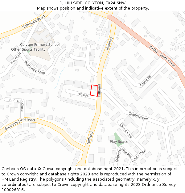 1, HILLSIDE, COLYTON, EX24 6NW: Location map and indicative extent of plot
