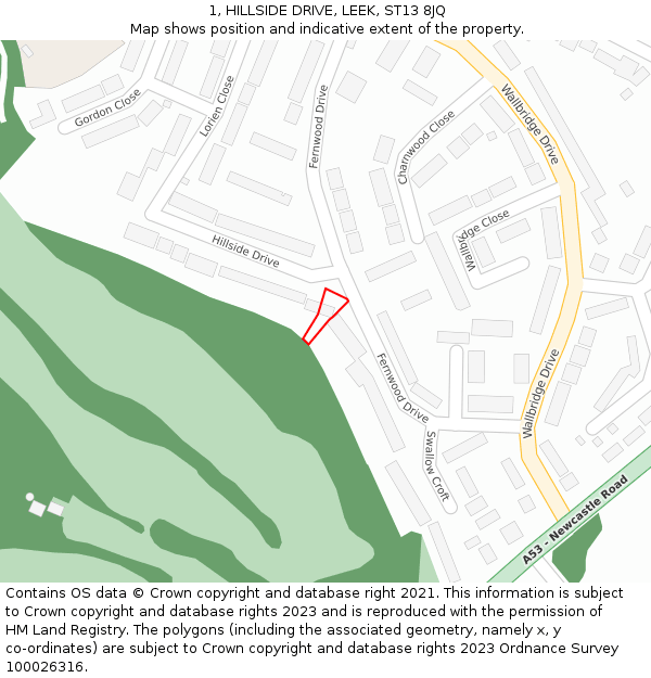 1, HILLSIDE DRIVE, LEEK, ST13 8JQ: Location map and indicative extent of plot