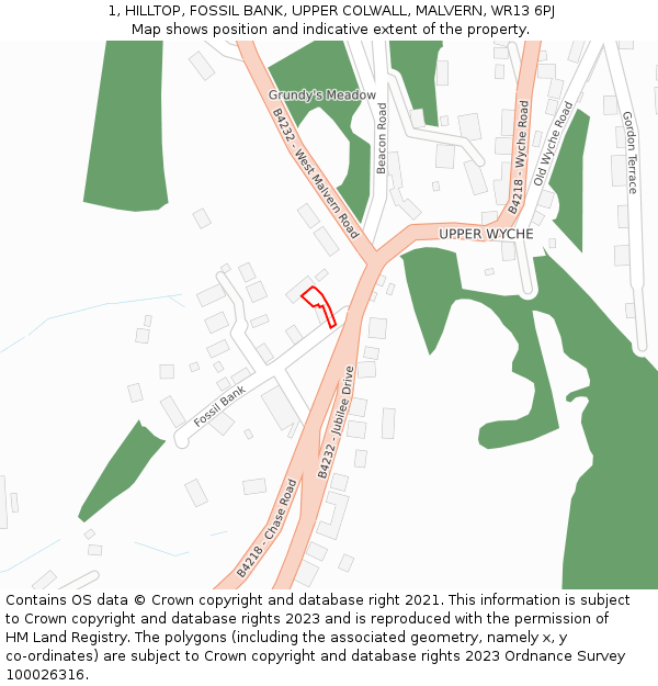 1, HILLTOP, FOSSIL BANK, UPPER COLWALL, MALVERN, WR13 6PJ: Location map and indicative extent of plot