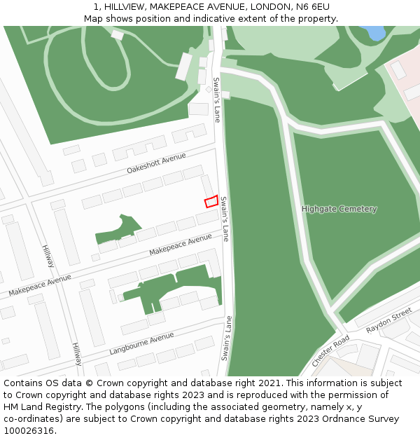 1, HILLVIEW, MAKEPEACE AVENUE, LONDON, N6 6EU: Location map and indicative extent of plot