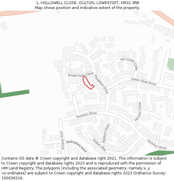 1, HOLLOWELL CLOSE, OULTON, LOWESTOFT, NR32 3RB: Location map and indicative extent of plot