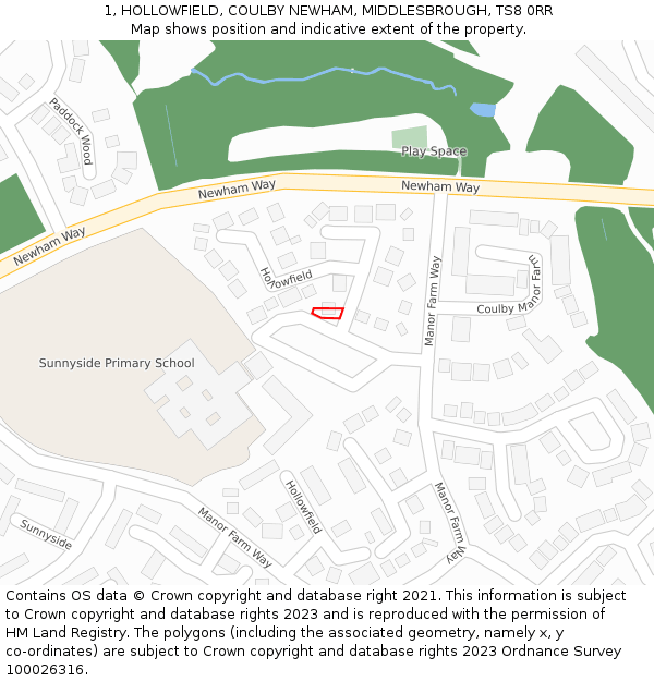 1, HOLLOWFIELD, COULBY NEWHAM, MIDDLESBROUGH, TS8 0RR: Location map and indicative extent of plot