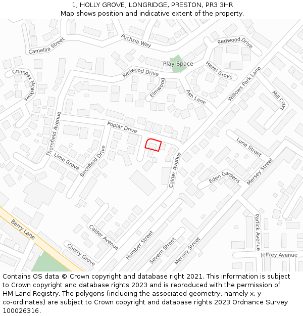 1, HOLLY GROVE, LONGRIDGE, PRESTON, PR3 3HR: Location map and indicative extent of plot
