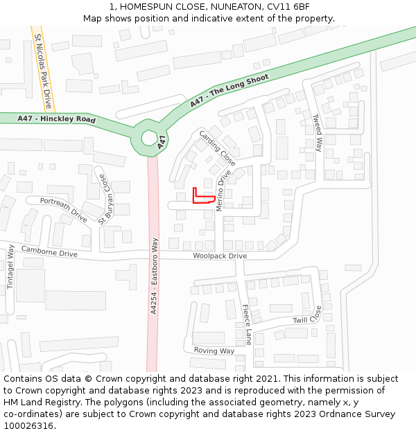 1, HOMESPUN CLOSE, NUNEATON, CV11 6BF: Location map and indicative extent of plot