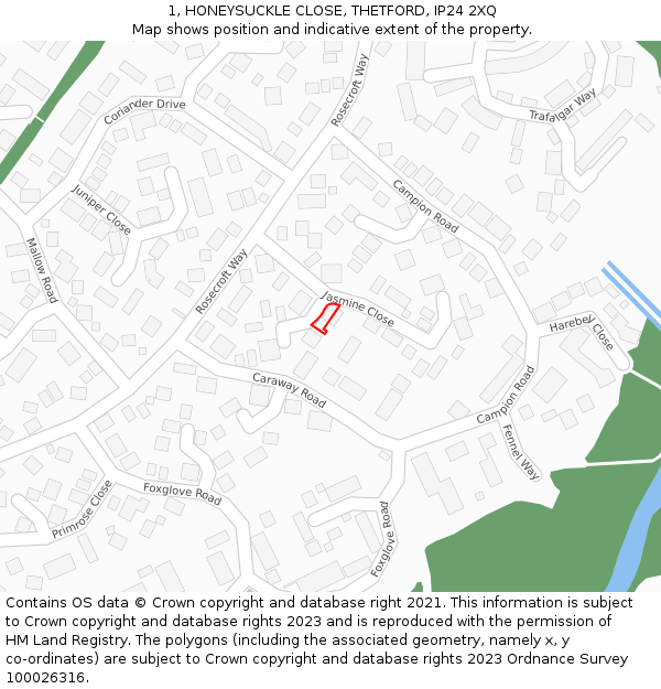 1, HONEYSUCKLE CLOSE, THETFORD, IP24 2XQ: Location map and indicative extent of plot