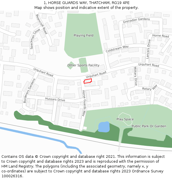 1, HORSE GUARDS WAY, THATCHAM, RG19 4PE: Location map and indicative extent of plot