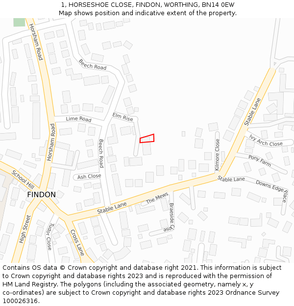1, HORSESHOE CLOSE, FINDON, WORTHING, BN14 0EW: Location map and indicative extent of plot