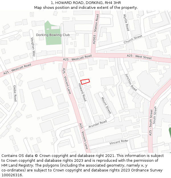 1, HOWARD ROAD, DORKING, RH4 3HR: Location map and indicative extent of plot