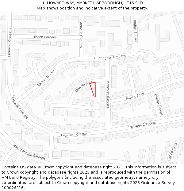1, HOWARD WAY, MARKET HARBOROUGH, LE16 9LD: Location map and indicative extent of plot
