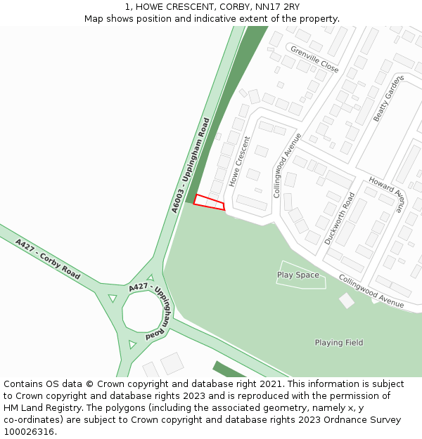 1, HOWE CRESCENT, CORBY, NN17 2RY: Location map and indicative extent of plot