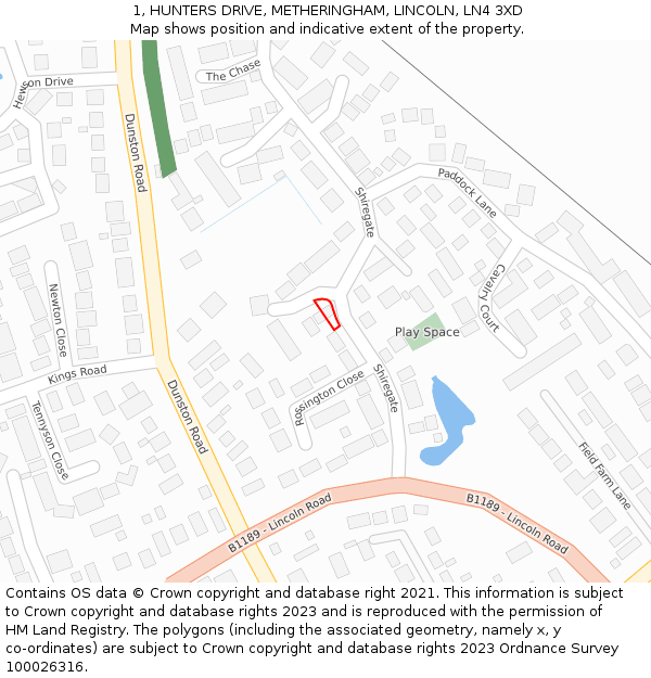 1, HUNTERS DRIVE, METHERINGHAM, LINCOLN, LN4 3XD: Location map and indicative extent of plot