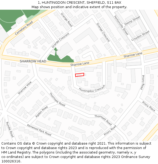 1, HUNTINGDON CRESCENT, SHEFFIELD, S11 8AX: Location map and indicative extent of plot