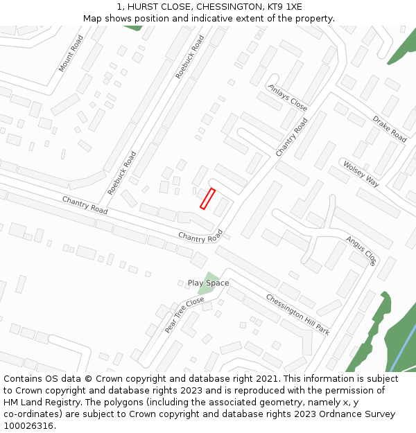 1, HURST CLOSE, CHESSINGTON, KT9 1XE: Location map and indicative extent of plot