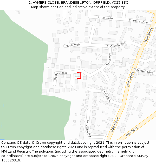 1, HYMERS CLOSE, BRANDESBURTON, DRIFFIELD, YO25 8SQ: Location map and indicative extent of plot