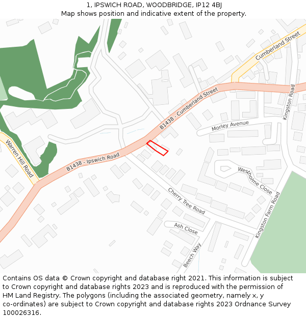 1, IPSWICH ROAD, WOODBRIDGE, IP12 4BJ: Location map and indicative extent of plot