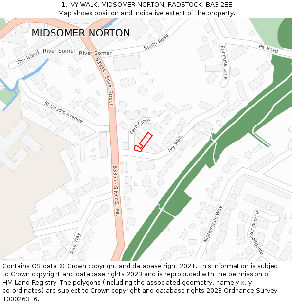 1, IVY WALK, MIDSOMER NORTON, RADSTOCK, BA3 2EE: Location map and indicative extent of plot
