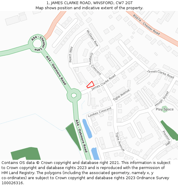 1, JAMES CLARKE ROAD, WINSFORD, CW7 2GT: Location map and indicative extent of plot