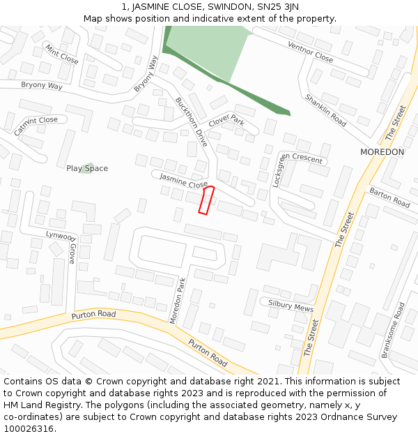 1, JASMINE CLOSE, SWINDON, SN25 3JN: Location map and indicative extent of plot