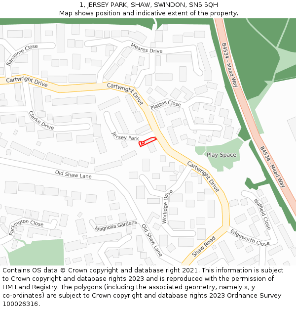 1, JERSEY PARK, SHAW, SWINDON, SN5 5QH: Location map and indicative extent of plot