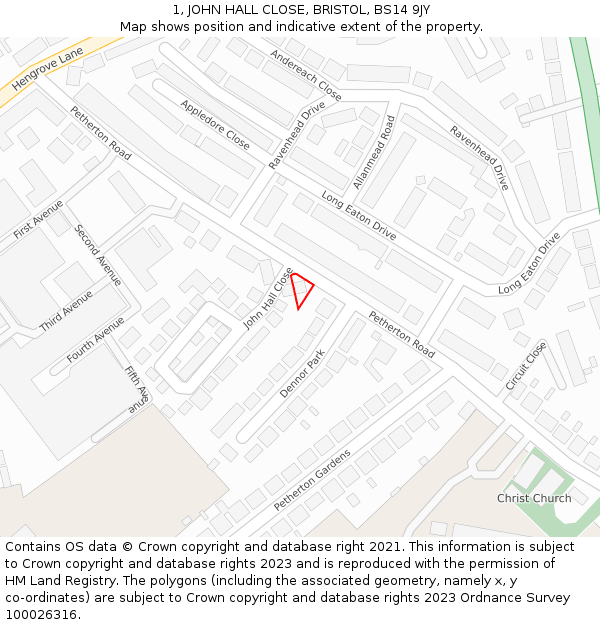 1, JOHN HALL CLOSE, BRISTOL, BS14 9JY: Location map and indicative extent of plot