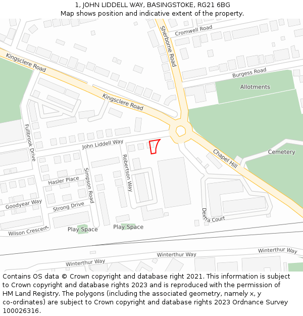 1, JOHN LIDDELL WAY, BASINGSTOKE, RG21 6BG: Location map and indicative extent of plot