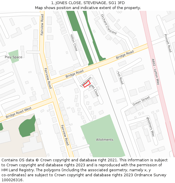 1, JONES CLOSE, STEVENAGE, SG1 3FD: Location map and indicative extent of plot