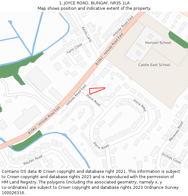 1, JOYCE ROAD, BUNGAY, NR35 1LA: Location map and indicative extent of plot