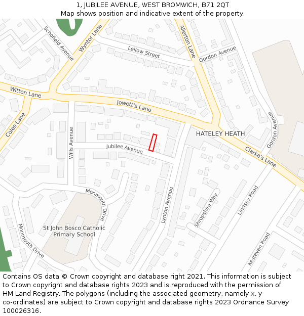 1, JUBILEE AVENUE, WEST BROMWICH, B71 2QT: Location map and indicative extent of plot