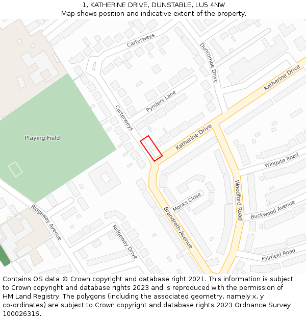 1, KATHERINE DRIVE, DUNSTABLE, LU5 4NW: Location map and indicative extent of plot